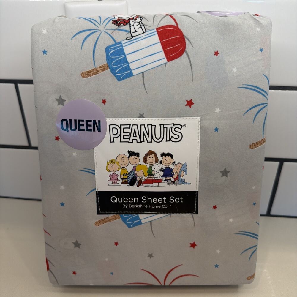 Peanuts Queen Sheet Set Snoopy Popsicle & Fireworks July 4th USA Berkshire NEW